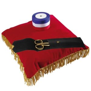 Kit d&rsquo;inauguration avec coussin rouge et ciseaux dorés